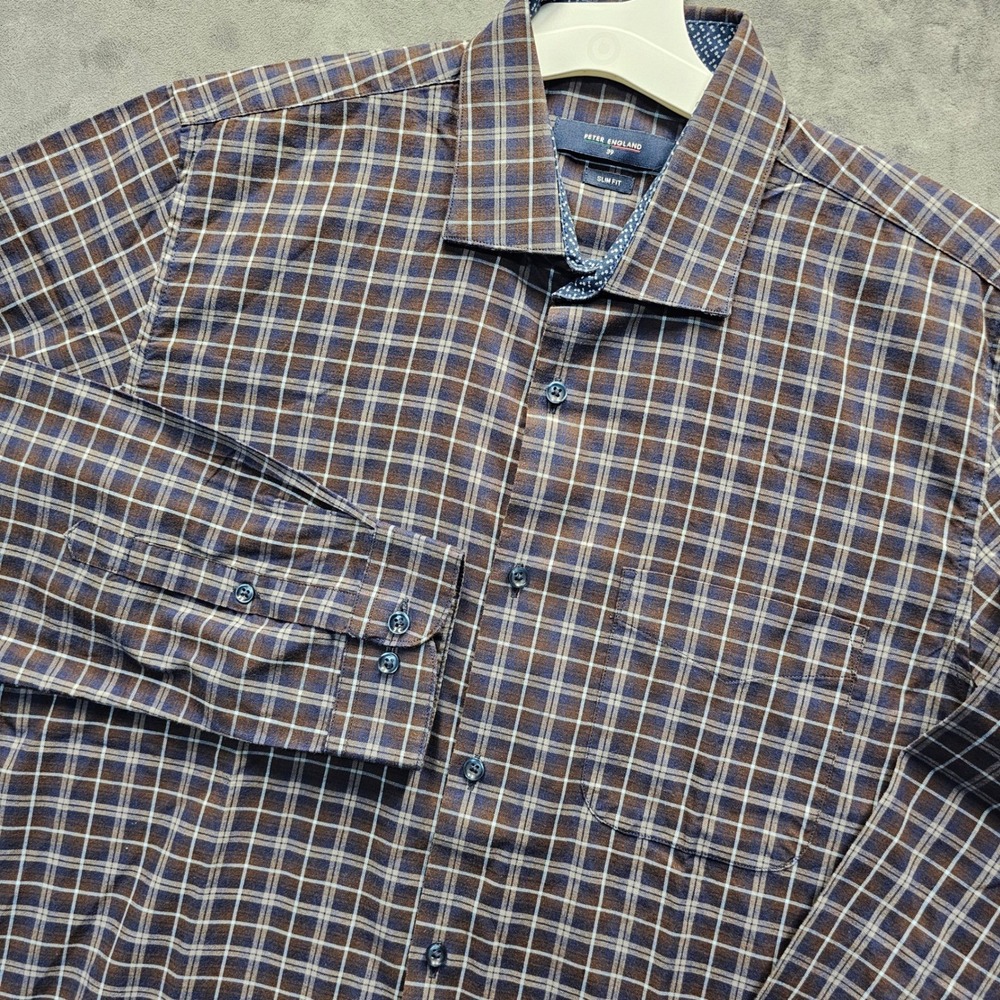 Peter England Mens Slim Fit Plaid Button Down Shirt Brown Blue Size 39 LS